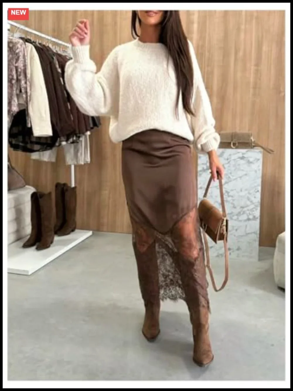 Women's Lace Maxi Skirt Satin Asymmetrical Patchwork High Waist Bodycon
